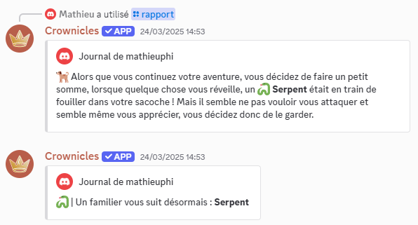 Un exemple de rapport où le joueur trouve un familier.